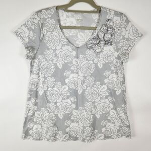 Garnet Hill NEW Grey White Rose Floral Short Sleeve Tee Rosette‎ Embellishment S